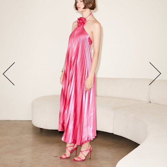 Delfi Collective Pink Pleated Halter Dress Maxi Rosette Detail Flowy Satin - Picture 1 of 8